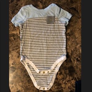 Baby blue, white and grey striped onesie